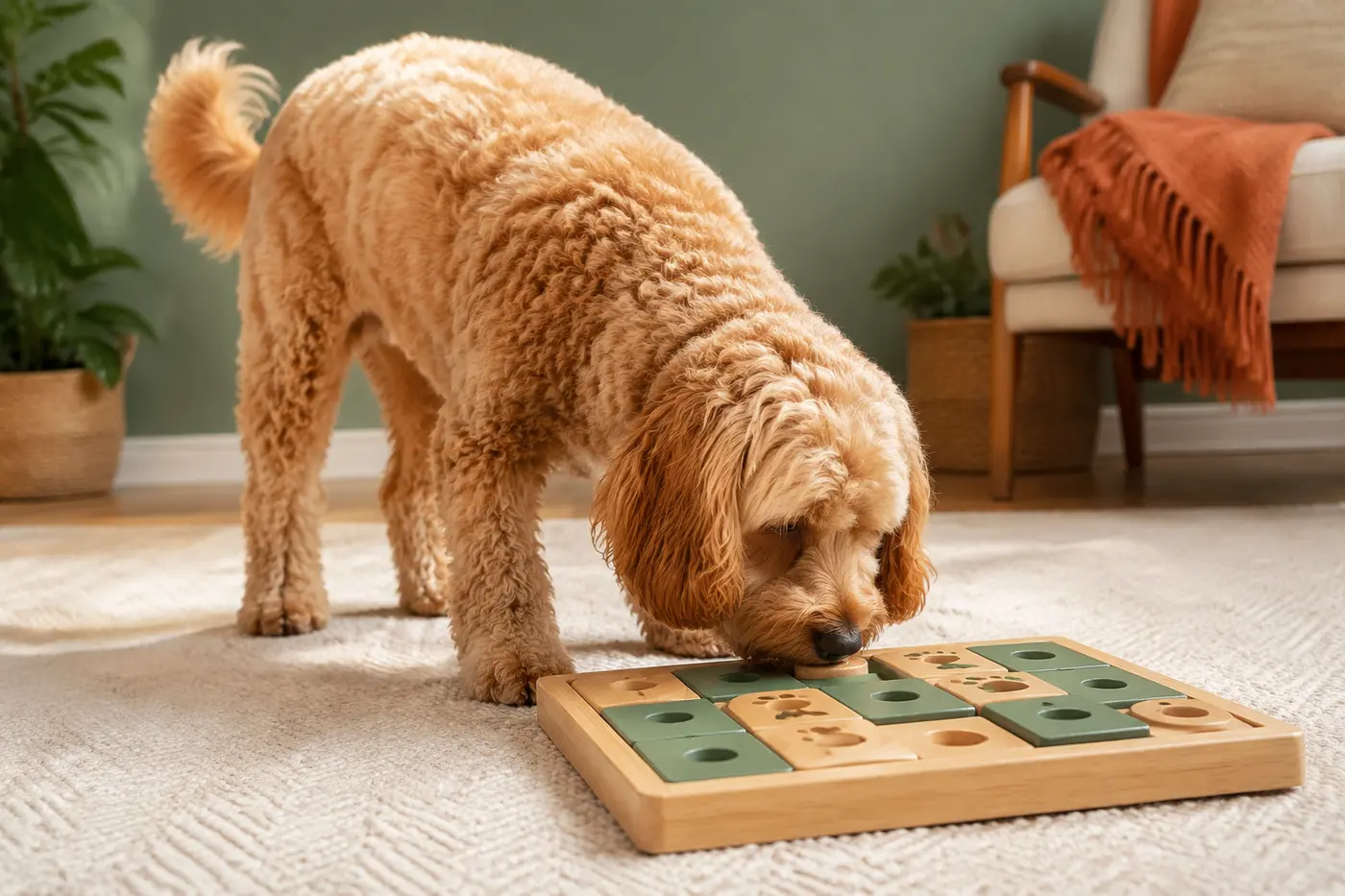 Apricot Cockapoo investigating a wooden sliding dog puzzle