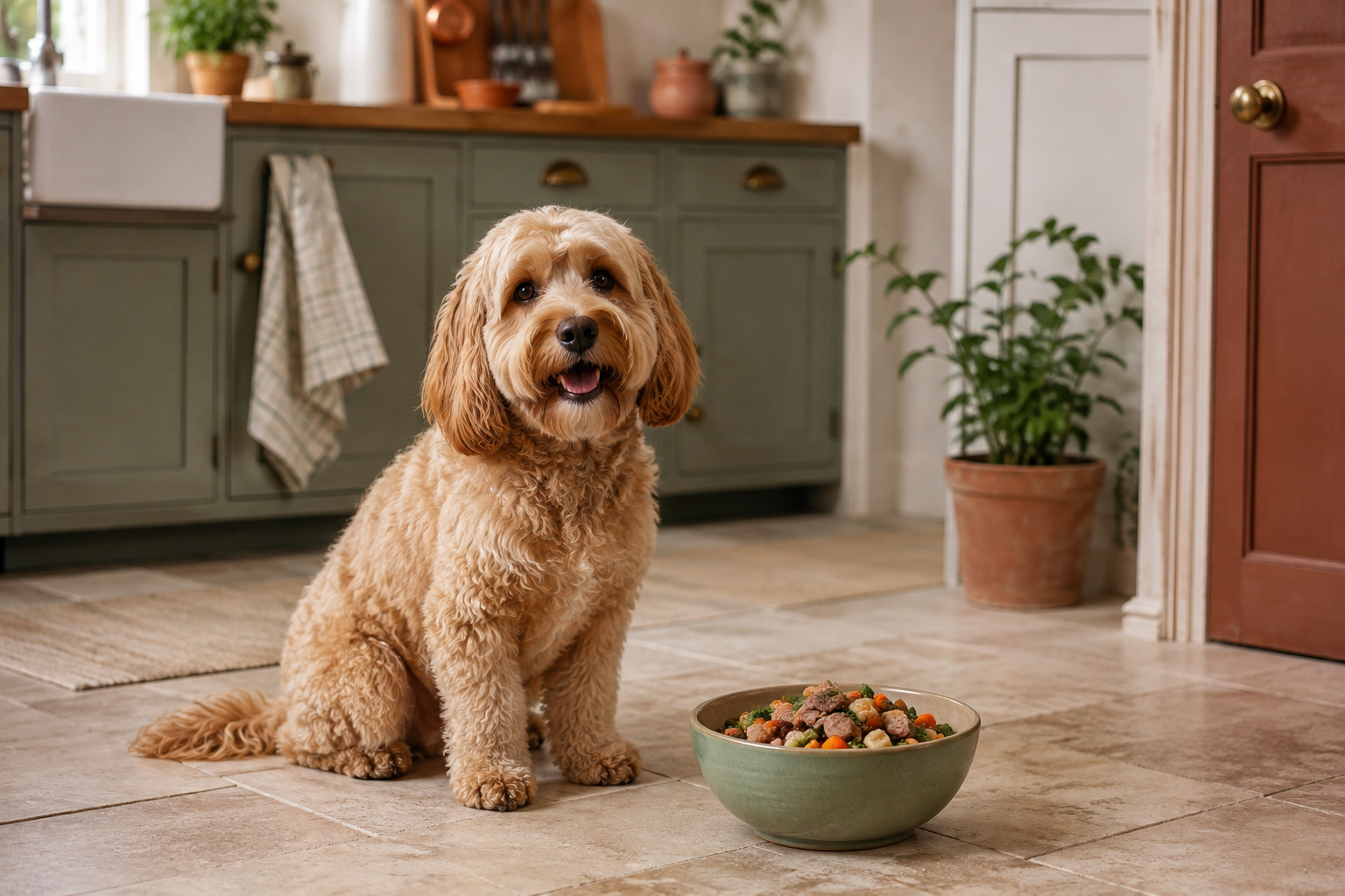 Apricot Cockapoo waiting beside a bowl of freshly prepared dog food