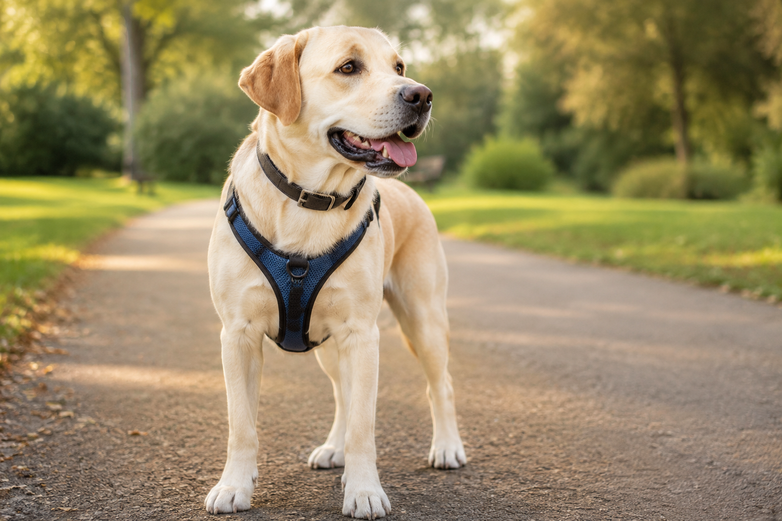 Yellow Labrador wearing a flat collar and a walking harness in a park