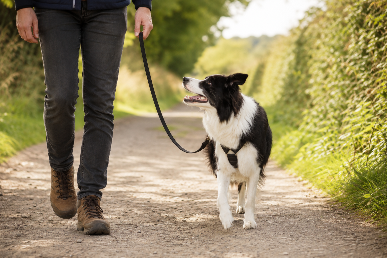 Border Collie walking calmly on a loose lead along a countryside path