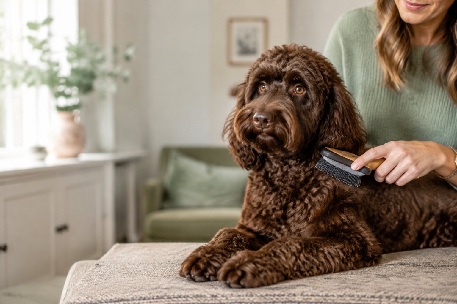A chocolate Cockapoo being gently brushed at home