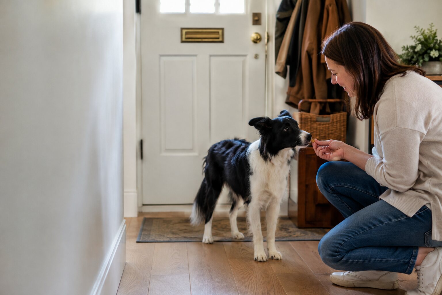 A Border Collie calmly focusing on its owner near the front door