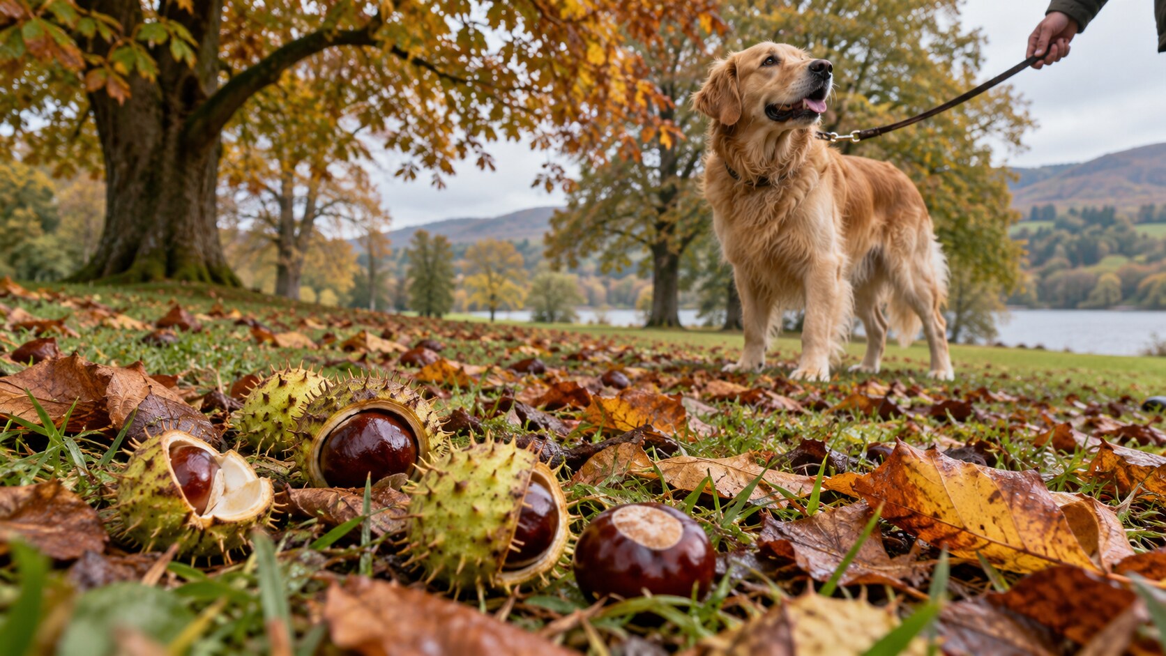 Golden Retriever kept safely away from fallen conkers during an autumn Lake District walk