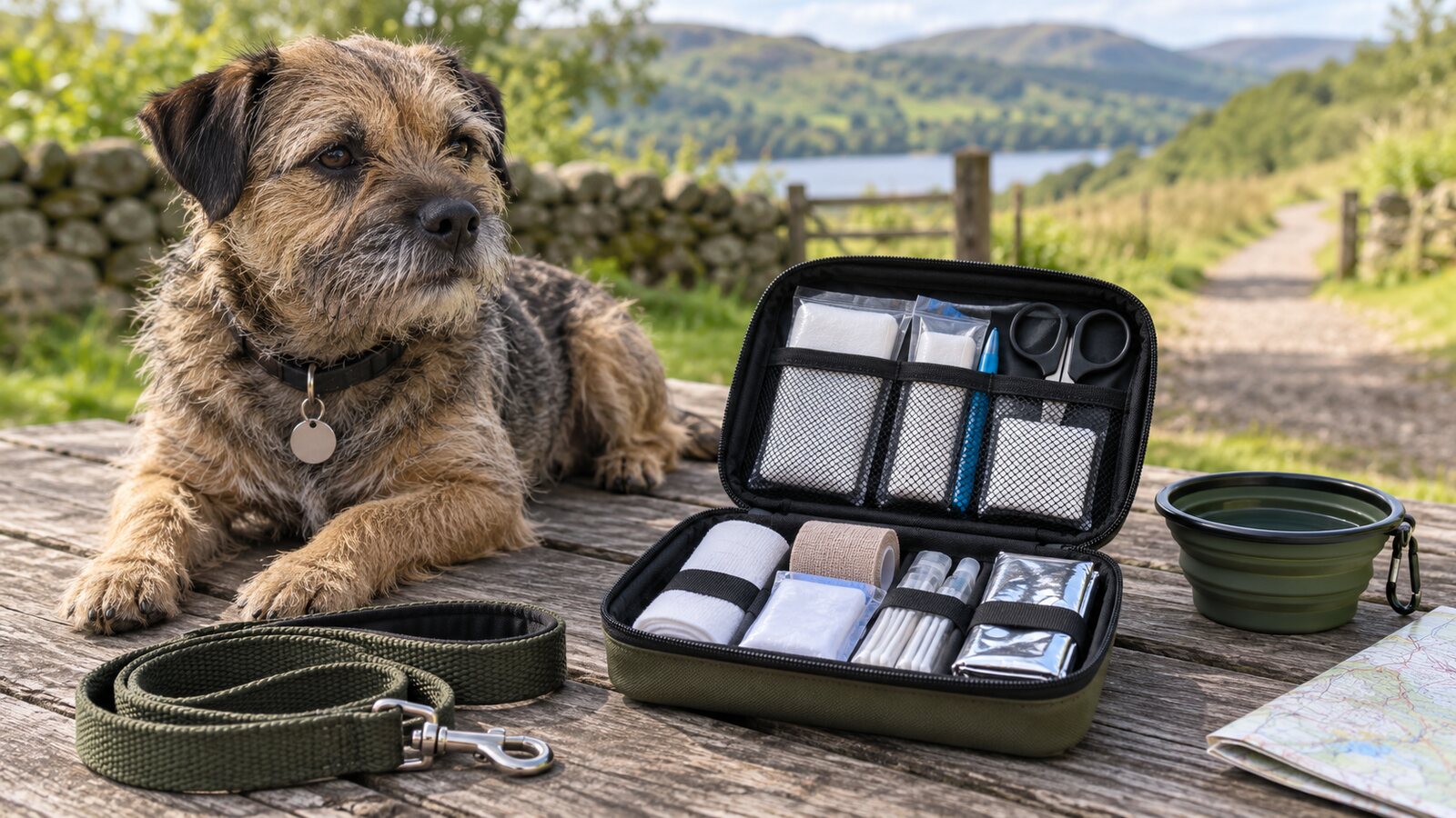 Border terrier beside an open dog first-aid kit on a countryside walk