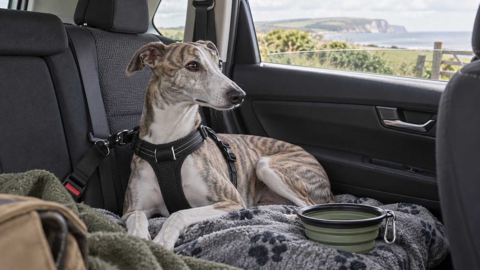 Whippet secured with a dog car harness on the rear seat of a parked car