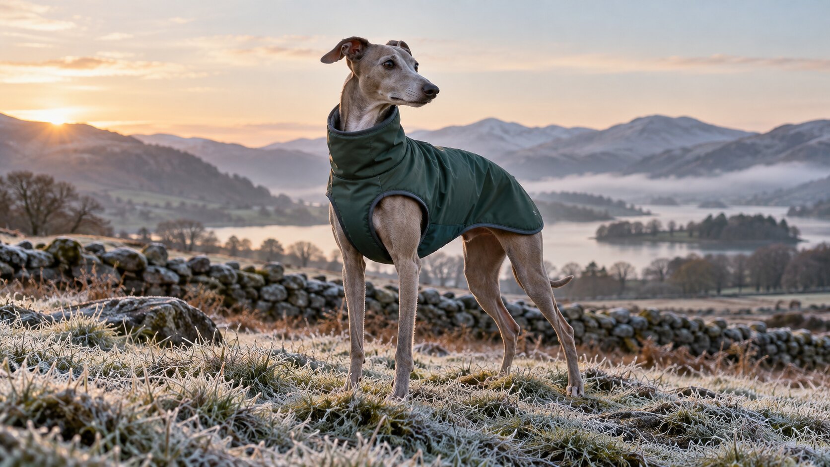 Italian Greyhound wearing a well-fitted green winter coat on a frosty Lake District morning
