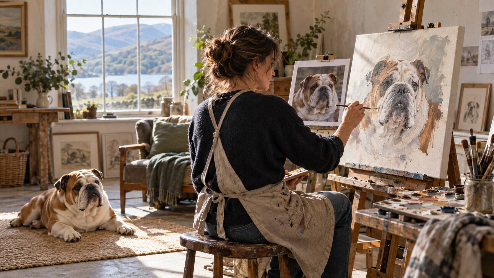 Artist painting a personalised English Bulldog portrait in a bright studio