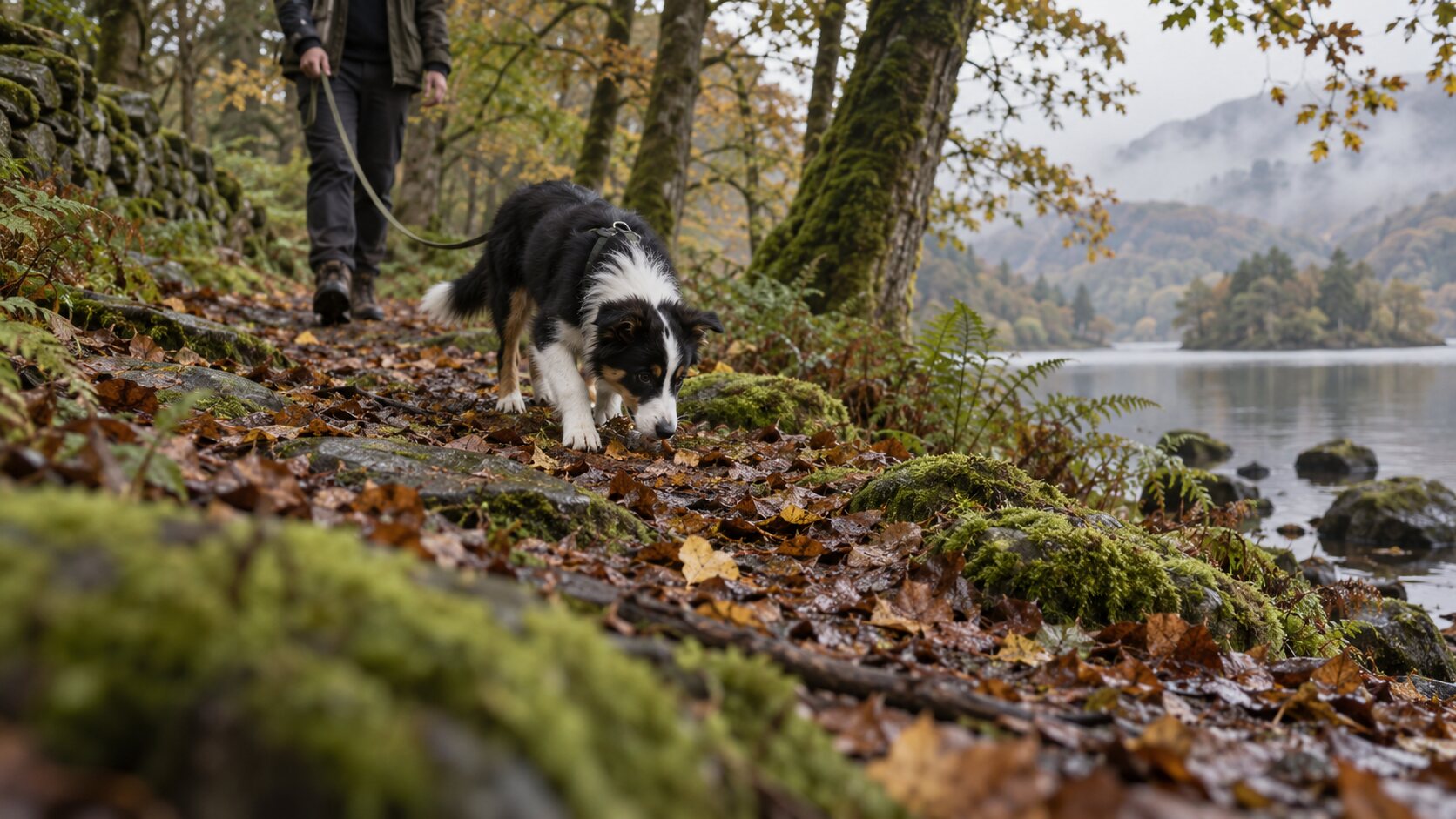 Border Collie puppy sniffing on a loose lead beside a Lake District lake in autumn