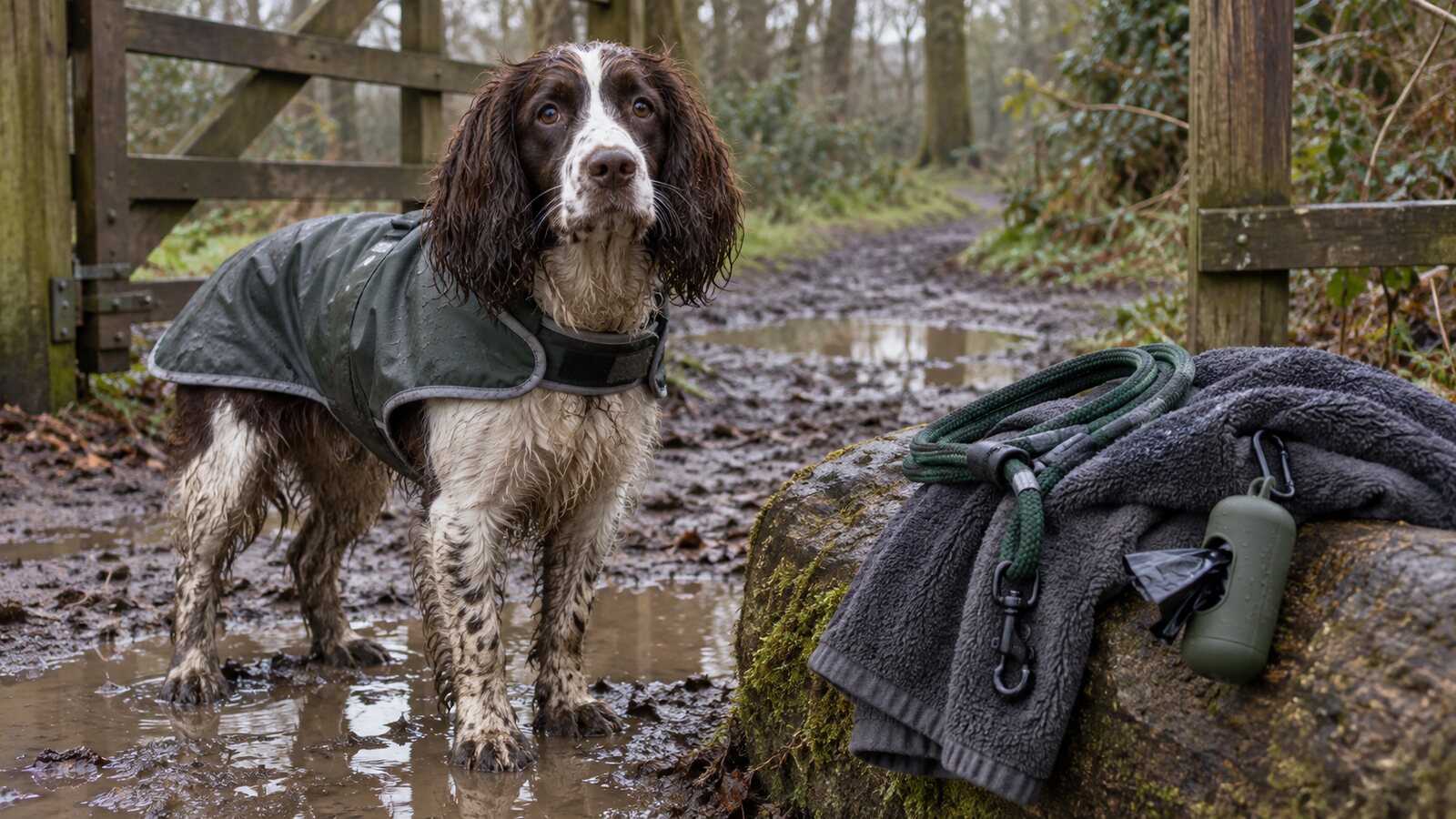Springer spaniel beside practical kit for a rainy dog walk