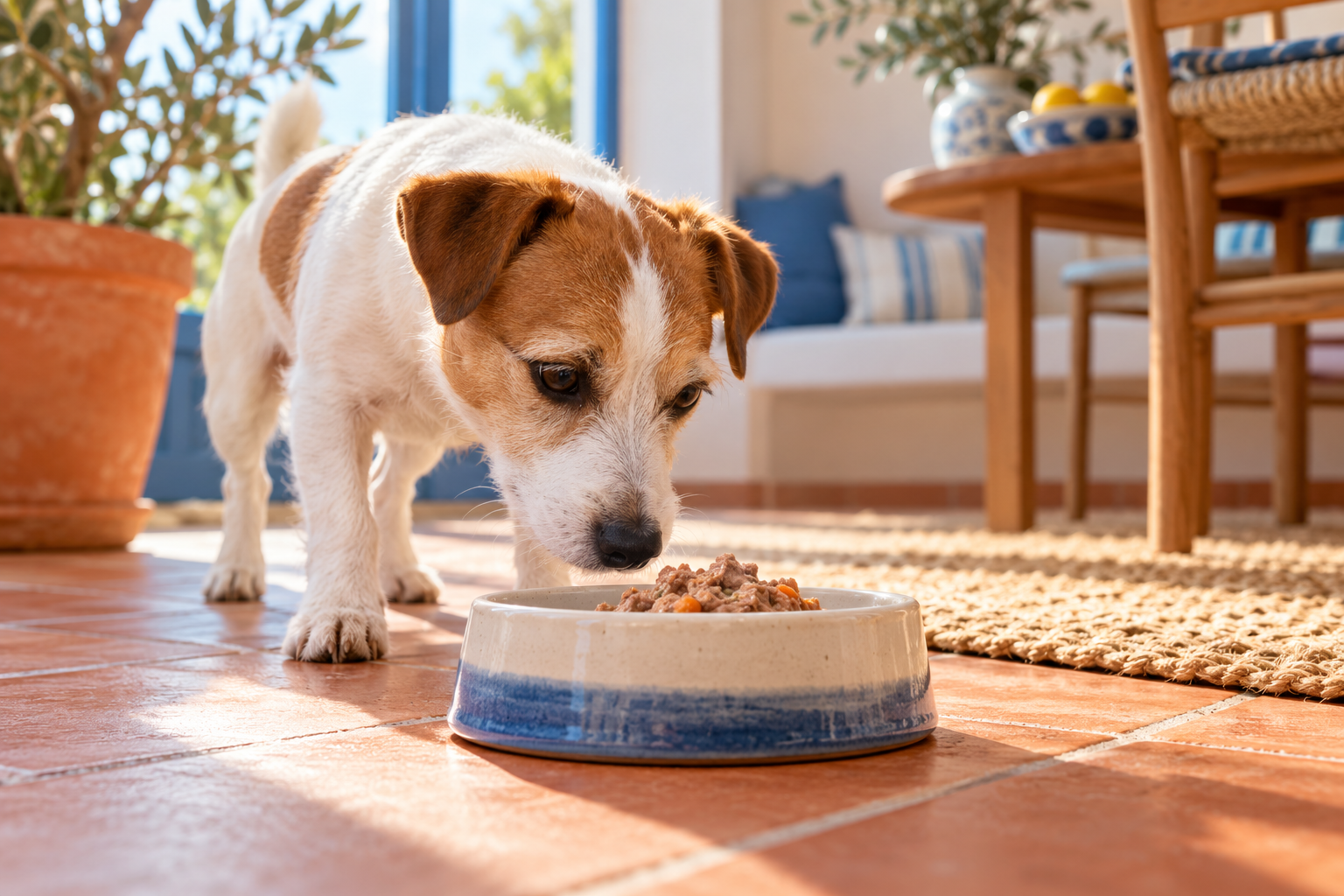 Jack Russell investigating a dog-food bowl — AI illustration